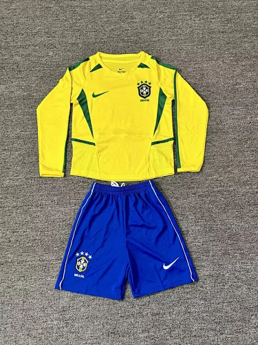 Equipación retro de Brasil de 2002 para niños, de manga larga, para partidos en casa