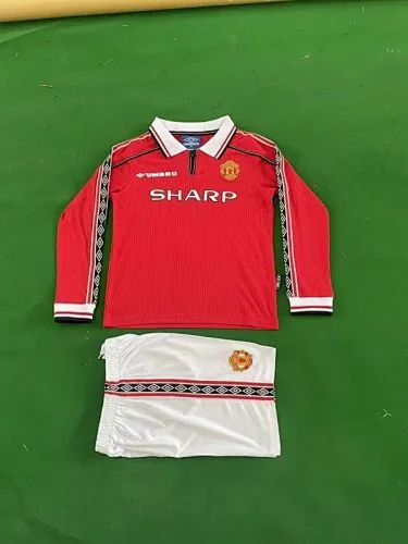 Equipamento infantil retro do Manchester United 1998/99, para jogos em casa, de manga comprida, tamanho: 16-28