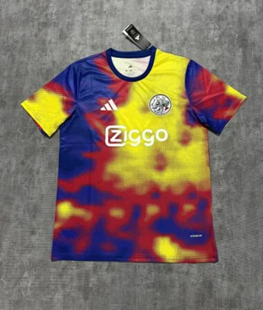 Camisa de pré-jogo do Ajax 2025/26, azul e laranja
