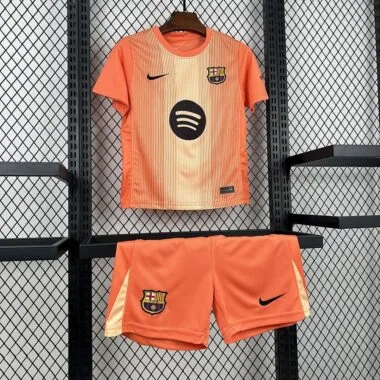 Equipación infantil de portero del Barcelona 2025/26 en color naranja