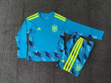 Camisa de futebol infantil de manga comprida azul do guarda-redes da Espanha para o Mundial de 2026