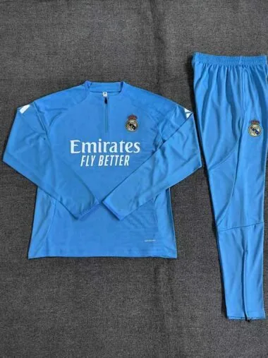 Real Madrid 2025/26 Light Blue Half zipper training clothes Kid (Size 10-18)