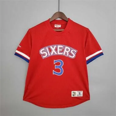 Camiseta de manga corta de malla retro Mitchellness 76ers, roja, n.º 3, Iverson