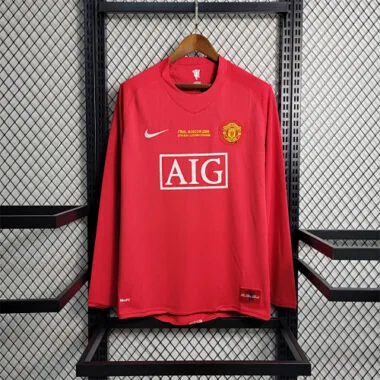 Camisola de manga comprida do Manchester United, versão da Liga dos Campeões de 07-08, para jogar em casa