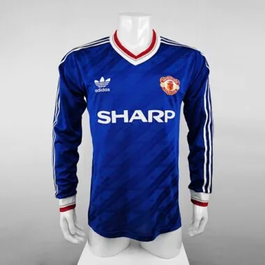Camisa azul de manga comprida do Manchester United para jogos fora de casa, versão de jogador, 86-88