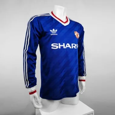 Camisa azul de manga comprida do Manchester United para jogos fora de casa, versão de jogador, 86-88