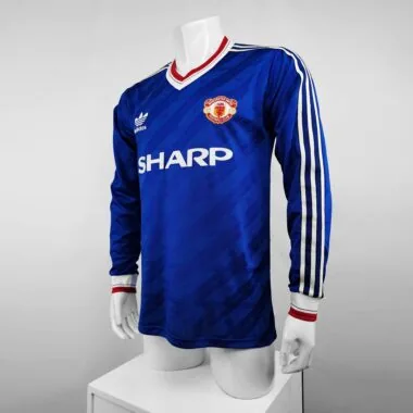Camisa azul de manga comprida do Manchester United para jogos fora de casa, versão de jogador, 86-88