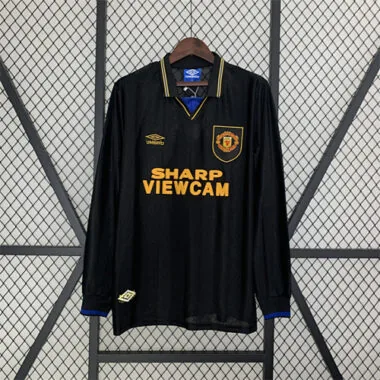 Camisa retro preta de manga comprida do Manchester United para jogos fora de casa, da época de 93-94