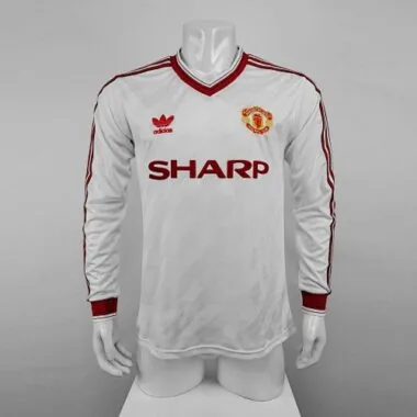 Camisa branca de manga comprida do Manchester United para jogos fora de casa, 86-88