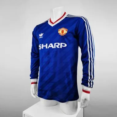 Camisa azul de manga comprida do Manchester United para jogos fora de casa, 86-88