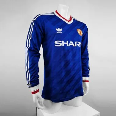 Camisa azul de manga comprida do Manchester United para jogos fora de casa, 86-88