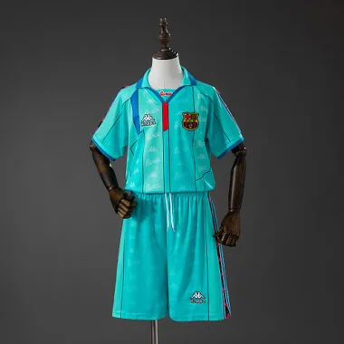 Camisa retro de jogo fora de casa do Barcelona da época 1996/97 para criança, tamanhos 16-28