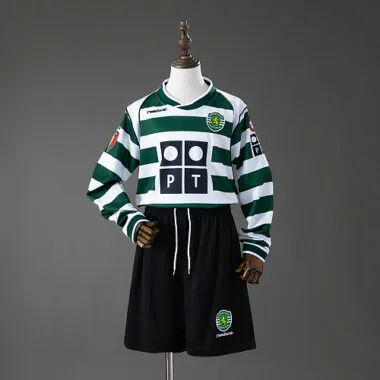 Camisa de futebol infantil de manga comprida do Sporting de Lisboa, modelo retro para jogos em casa, época 2001/02, tamanhos 16-28