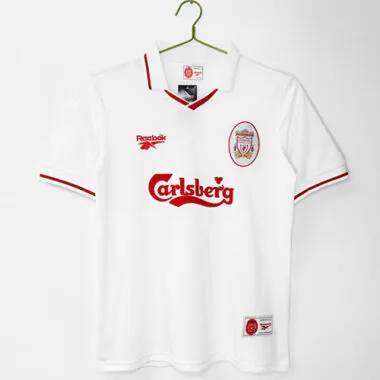 Camisolas de futebol retro do Liverpool da época 1996/97, para jogos fora de casa, brancas
