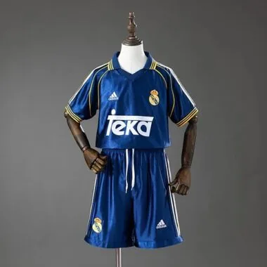 Equipamentos retro de 1998/2000 do Real Madrid (segundo equipamento de jogo fora de casa) para crianças, tamanhos 16-28