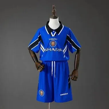 Equipamentos retro do Manchester United para criança (jogo fora de casa) 1996/98, tamanhos 16-28