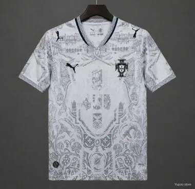 2026 Portugal Branco com azulejo cinzento e padrão floral em tapeçaria — Edição Especial Camisola S-4XL